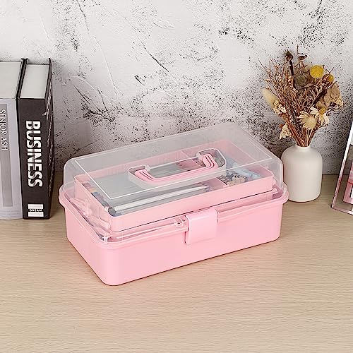 BTSKY 3-Layer Plastic Dividing Storage Box Craft Organizer and Storage with Adjustable Spacers Portable Handled Art Supply Organizer Multipurpose Home Utility Box Organizer (Pink) - color: Pink