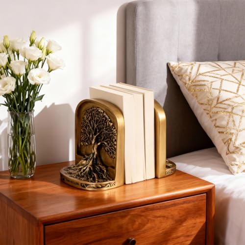 Resin Tree of Life Bookends Set, 2Pcs Decorative Non-Skid Book Ends for Heavy Books, Shelves, Bookcase or Desk - Antique Bronze Color Home Décor Gift, Library and Office Decor - color: Brown