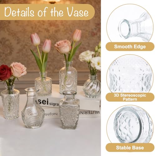 Petal Petite Glass Vase Set of 24 Small Clear Glass Bud Vases, Mini Vintage Flower Vases for Wedding Centerpieces & Table Décor, Champagne Vases in Bulk for Single Stem, Home and Office Decor - color: Clear