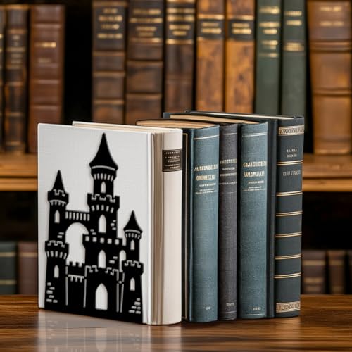 Peacoblue Metal Bookends for Shelves, Modern Decorative Heavy Duty Study Book Ends Stoppers for Office, Desk, Shelf, Room 5.3"x4.3"x7.9" Cast Iron Simple Tall Bookends 1 Pair (Castle) - style: Castle