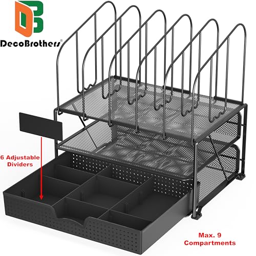 Deco Brothers Mesh Desk Organizer with Double Tray, 5 Upright Sections and Sliding Drawer, Black - color: Black