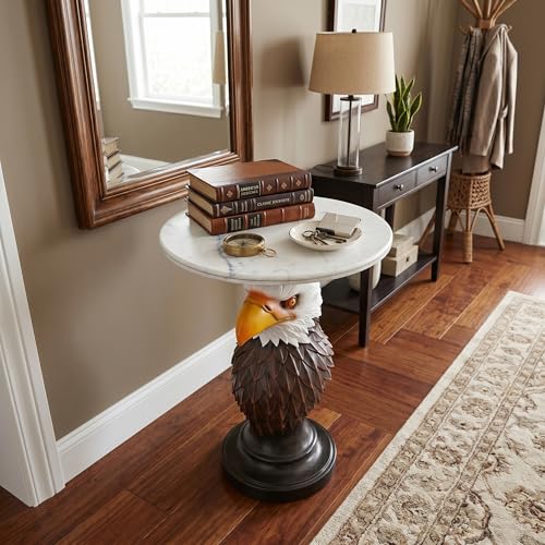 Bald Eagle Sculptural Side Table with Faux Marble Top, 17.72" Round Resin Animal End Table, Unique Eagle Statue Decor for Living Room, Office & Patio, Patriotic Housewarming Gift - color: Eagal Color