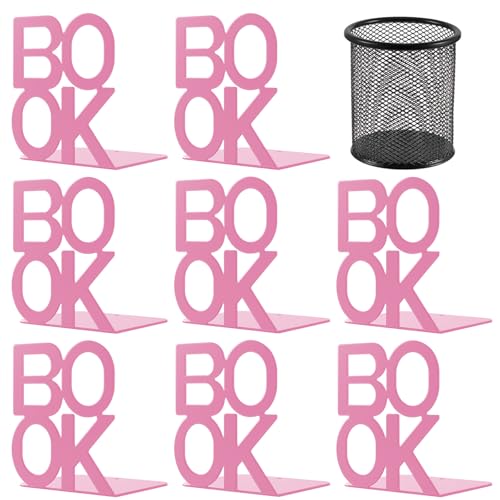 Book Ends - Decorative Metal Book Ends Supports for Bookrack Desk,Books, Unique Appearance Design,Heavy Duty (Pink, 4 Pair) - color: Pink, size: 4 pair