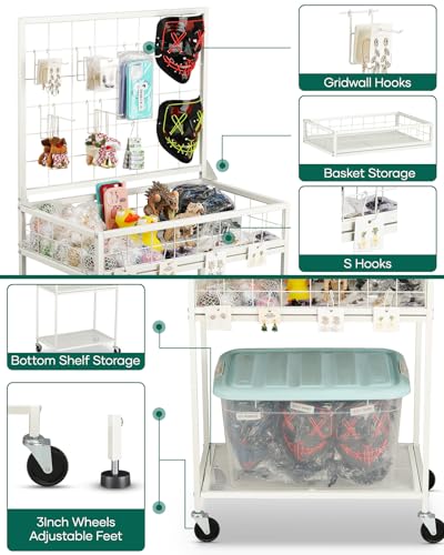 AHOWPD Grid Wall Panels Display Cart - Rolling Heavy Duty Metal Wire Grid Wall Display Stand Rack with 10 Hooks & 10 S Hooks for Craft Shows, Retail Art Fair and Flea Market (White Cart, 1 pc) - color: White Cart