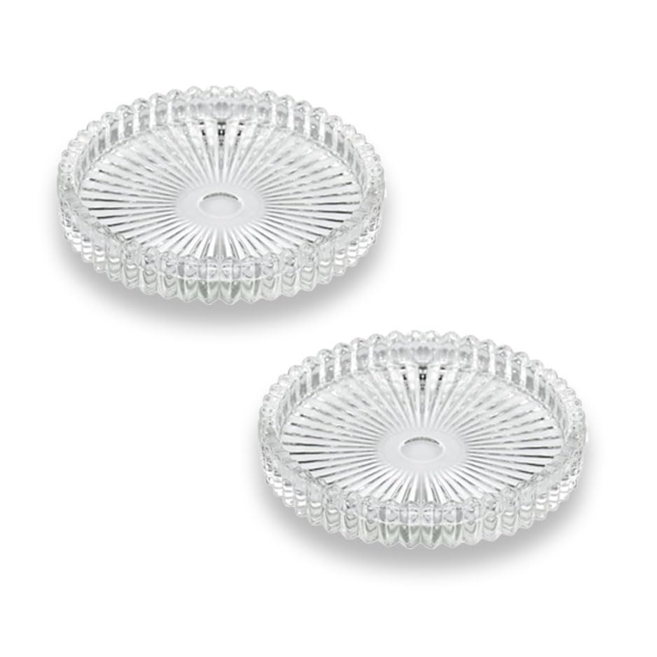 2PCS Clear Glass Pillar Candle Plates，Round Glass Candle Holder，Small Candle Holders for Pillar Glass 3" for Dinning Wedding Party Table Centerpiece