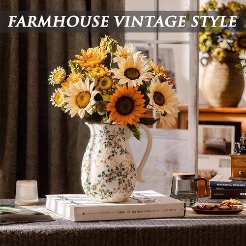 Ceramic Vintage Flower Vase with Handle, Green and Beige Rustic Farmhouse Pitcher Vase for Home Decor, Living Room, Bookshelf, Table Centerpiece 8 Inch