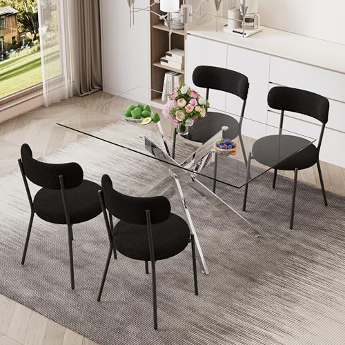 51'' Modern Glass Dining Table for 4, Rectangular Tempered Table Top Silver Base with 4 Minimalism Black Boucle Dining Chairs, 5 Piece Dining Room Table Set, Easy Assemble - color: Silver+black Chairs, size: 51'' + 4 Chairs