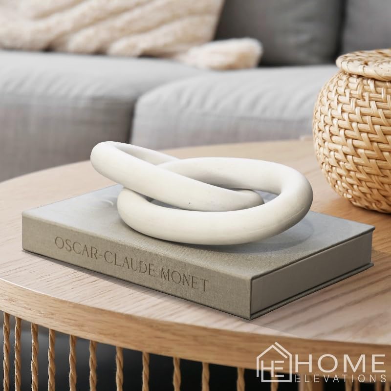 Wood Chain Link Decor – 13” White Wooden Decorative Object for Coffee Table Decor & Neutral Decor for Home – Modern Knot Accent for Shelf Styling, Books, or Housewarming Gifts - color: White