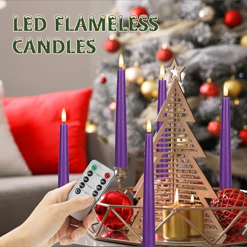 Purple Flameless Taper Candles with 3D Wick, 9.6" Real Wax LED Candles with Remote, 3 Pack Flickering Candlesticks Battery Operated, Classic Tall Taper Candle for Home, Wedding, Party - color: Purple