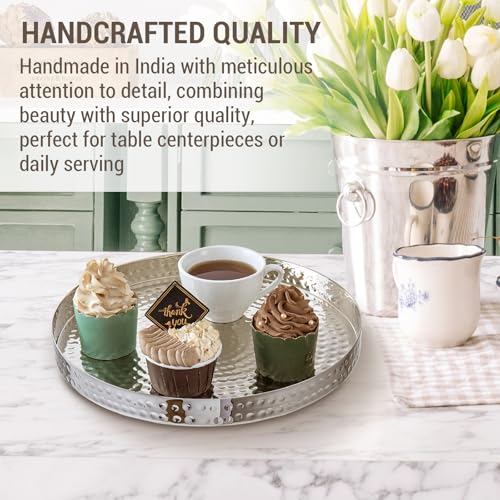 MyGift 11 Inch Silver Round Tray - Hammered Metal Serving Tray & Decorative Silver Platter for Vanity Display - Handcrafted in India - color: Silver (11 Inch)