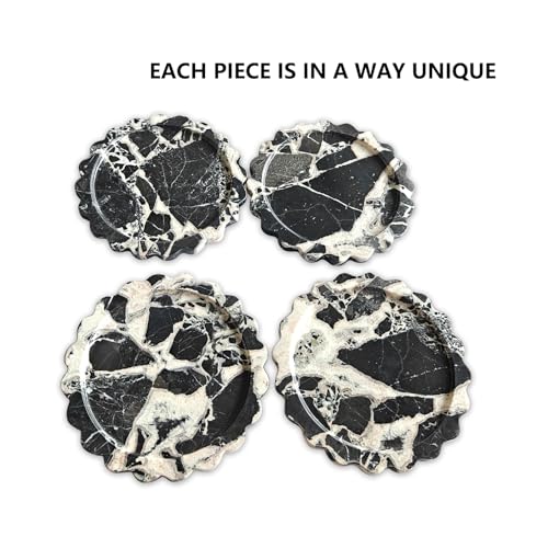 11" Round Marble Tray with Scalloped Edge, Black Marble Decorative Tray for Coffee Table (Black and White) - color: Black