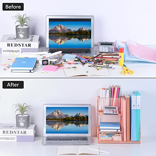 Topwey Rose Gold Desk Accessories, Office Supplies Desk Organizer Caddy with Sliding Drawer, Double Tray, File Organizer and pen holder for Home, Office School - color: Rose Gold-2
