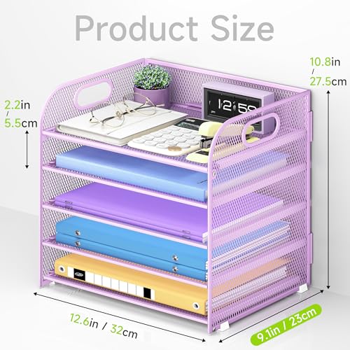 Cawukege 5 Tier Paper Organizer with Handle, Metal Mesh Desk Organizer File Folder Paper Letter Tray Desktop Document Sorter for Classroom, School, Office Accessories Organization and Storage - Purple - color: Purple