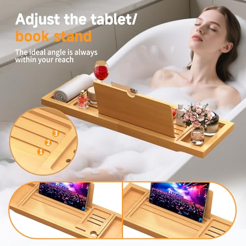 Premium Bamboo Bathtub Caddy Tray with Extending Sides, Adjustable Wood Bath Tray for Luxury Bath, Fits Most Tubs, Accessories Gift Idea - color: Beige 2