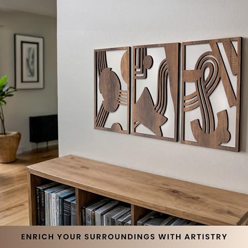 qmmp Modern Wooden Wall Sculptures - Set of 3 - Home Decor Accent - Large Wall Art for Living Room, Bedroom, Office - Easy Installation (Walnut, Medium - Abstract Shapes) - color: Walnut, size: Medium - Abstract Shapes