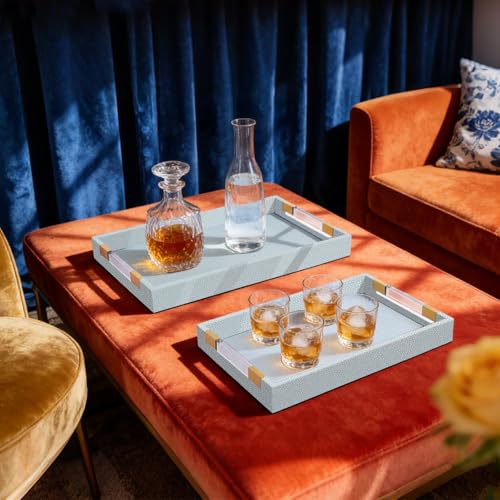 2 Pack Large Ottoman Tray Shagreen Decorative Tray Serving Tray with Acrylic Gold Handles, Ice Blue Vegan Leather Coffee Table Tray for All Occations Home Decor - color: Light Aqua, size: 2 Pack, L(19.7" x 12" x 2") M(17.7" x 10.2" x 2")