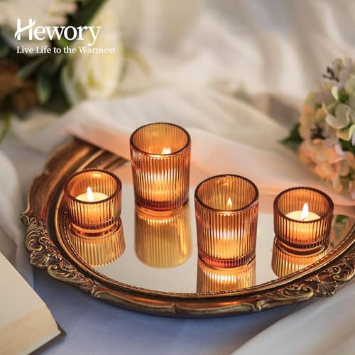 Hewory Glass Tealight Candle Holder: 8 Pcs Amber Votive Candle Holders Tea Lights Candle Holder, Ribbed Tea Light Holders Fall Decorations for Thanksgiving Table Centerpiece Wedding Party Home Decor - color: Amber, size: 8PCS