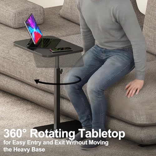 HzTinT Side Table Sofa Tray for Couch Heavy Metal Base Swivel/Adjustable Height, Sofa Bed Bathroom Study TV Tray C Shaped End Table Food Snack Trays for Eating - color: Black, size: 11.8*15.7 in