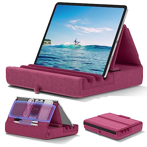 KDD Tablet Pillow Holder, Foldable iPad Stand for Lap, Bed and Desk -Tablet Soft Pad Dock with Pocket & Stylus Mount Compatible with iPad Pro 12.9, 10.5, 9.7 Air Mini 6 5 4 3, Galaxy Tab, E-Reader - color: Purple
