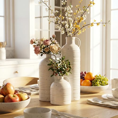 Firehold Ceramic Vase Set of 3, Rustic Home Decor Vases for Modern Farmhouse, White Boho Flower Vases for Shelf, Mantel, Table Decor, Small Decorative Vase for Dried Flowers & Pampas Grass - color: 01-white