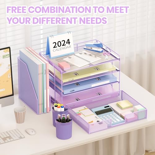 OPNICE Desk Organizer, 4-Tier Desktop File Organizer with Drawer and 2 Pen Holders, Office Desk Accessories, File Sorters, Workspace Organizers for Office Supplies(Purple) - color: Purple, size: 4-Tier