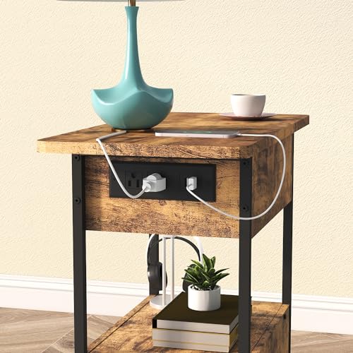 SOOWERY End Table with Charging Station, Narrow Side Table with Flip Top Cabinet and Fabric Drawer, Nightstand Bedside Tables for Small Spaces, Bedroom, Living Room, Rustic Brown - color: Rustic Brown