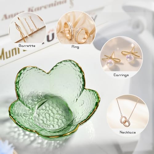 Green Flower Jewelry Trinket Dish, Glass Ring Holder Tray, Small Trinket Bowl Gifts for Women - color: golden-edged green