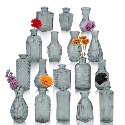 Glass Bud Vases in Bulk Set of 17, Black Small Mini Vases for Flowers, Vintage Vase for Centepiece,Wedding, Table Decor, Baby Shower, Christmas, Home and Events - color: Black