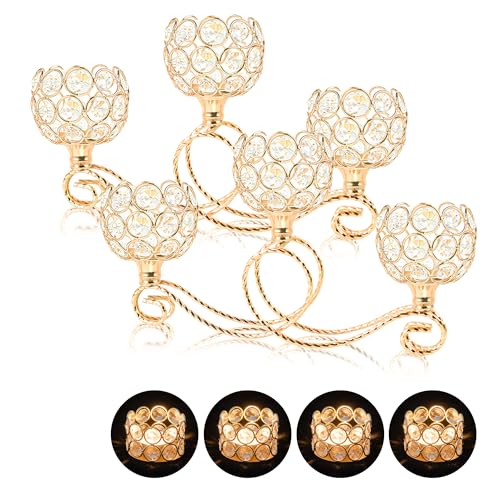 Gold 2 Pcs-3Arm Metal Crystal Tea Light Candle Holder, Elegant Wedding Table Centerpiece Candle Holder, Christmas Wishing Crystal Bowl Candle Holder Suitable for Wedding Party Living Room Decoration - color: Gold, size: Set of 2