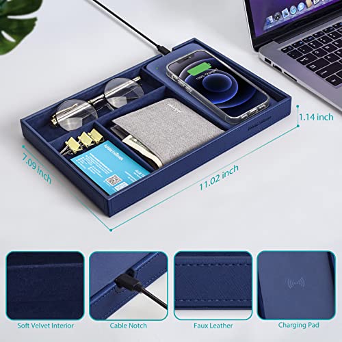 Valet Tray, Built in Wireless Charging Pad, Nightstand Organizer, Bedside Organizer, Mens Jewelry Box, Everyday Carry Tray for Men and Women -Blue - color: Blue