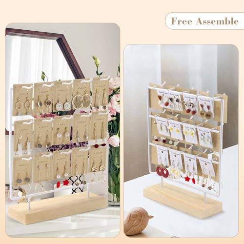 Earring Display Stand 3 Tier 15 Hooks Wood Earring Display Rack Holder for Earings Necklaces Rings Bracelets Keychains (White) - color: White