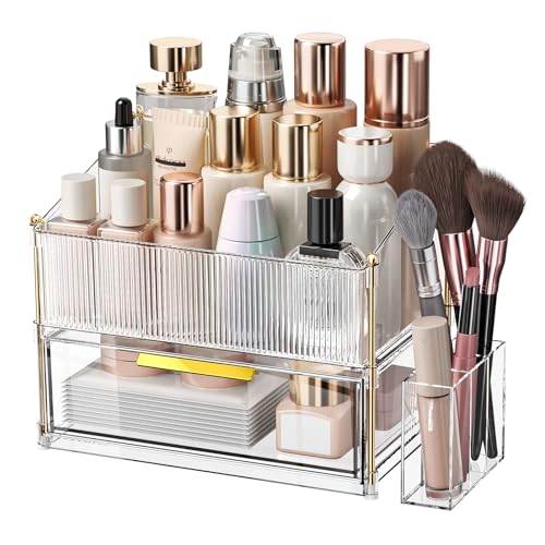 INVSSENE Stackable Makeup Organizer Countertop, Storage Perfume Skincare Cosmetic Lipstick Face Mask Makeup Brush Palettes, Ideal for Vanity Bathroom Counter - color: 3514 Clear