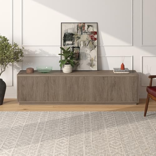 Henn&Hart Fluted TV Stand for TVs up to 85" with 2 Concealed Ribbed Storage Cabinets and Adjustable Shelves for Living Room, Family Room, or Office, Weathered Gray - color: Weathered Gray, size: 79" TV Stand