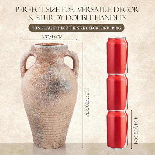 11 Inch Ceramic Flower Vase with 2 Handles Tall Terracotta Rustic Floor Vase for Centerpieces Decorative Small Vintage Farmhouse Vases for Home Decor, Table, Living Room