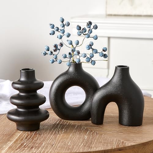 Black Ceramic Vase Set of 3, Small Flower Vases for Pampas Grass, Modern Boho Vase for Decor, Round Black Vases Centerpieces for Wedding Living Room Bedroom Coffee Table Entryway - color: Black