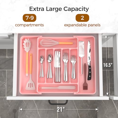ukeetap Extra Large Expandable Silverware Organizer, BPA-Free Food-Safe Cutlery Flatware Organizer, Kitchen Utensil Drawer Organizer, Adjustable Silverware Holder for Spoons Forks Knives, Pink - color: Pink