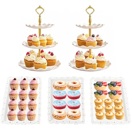 5 Pieces Cupcake Stand Set, 2 PCS 3 Tier Cupcake Stands with 3 Pieces Appetizer Trays Dessert Table Display Set for Tea Party Serving Platter and Wedding