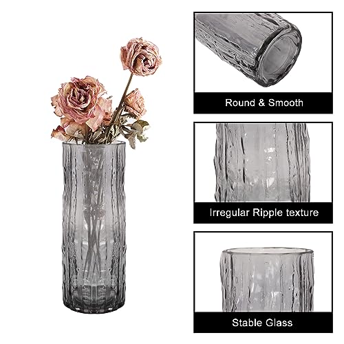 9.8 Inch Black Glass Vase, Glacier Glass Flower Vase, Boho Cylinder Ribbed Vase for Centerpiece, Living Room, Kitchen, Bookshelf, Dinner Table