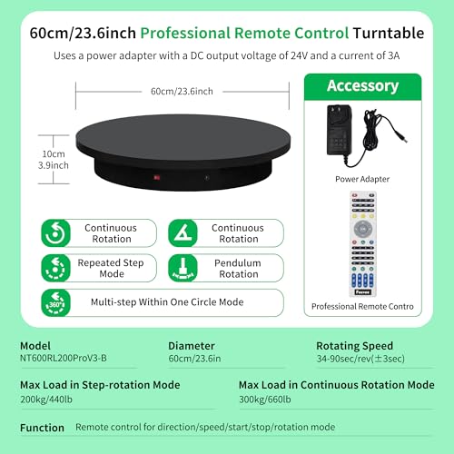 Super Heavy Duty Remote-Controlled Motorized Turntable,Motorized Rotating Display Stand,Speed-Adjustable Rotating Platform,Human 3D Scan Electric Turntable for Scan,Showcase(23.6in/Black) - size: 23.64inch/Black/700Lbs Load