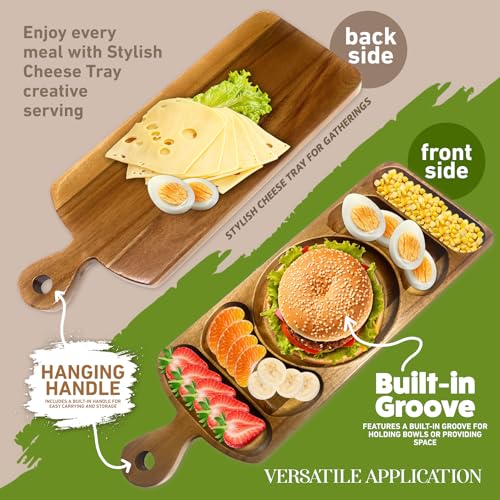 Reversible Acacia Wood Serving Platter with Handle – Premium Wooden Tray for Charcuterie, Crackers, Cheese, Fruit, Veggies, Appetizers & Snacks – Party Serving Tray & Travel Charcuterie Board