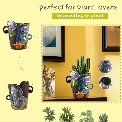 Picasso Abstract Face Flower Pot,Unique Resin Crafted Planter with Drainage Holes,Interesting Colorful Planter with Human face,for Indoor and Outdoor Botanical Home décor (Tears) - style: Tears