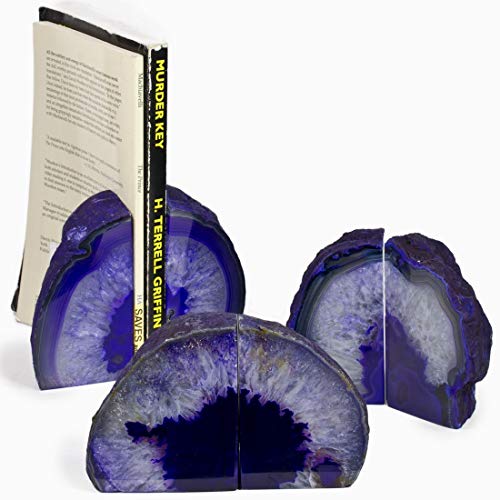 JIC Gem Purple Agate Bookends Geode Book Ends Heavy Duty Crystal Bookends Decorativer with Rubber Bumpers (1 Pair, 4-6 LBS) - color: Purple Dyed, size: 4-6lbs.