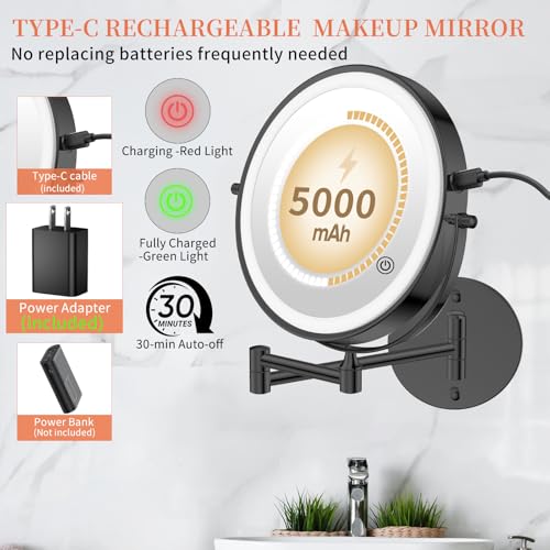 FUNTOUCH 5000mAh Rechargeable Wall Mounted Makeup Mirror with Lights, 9" Double Sided 1X/30X Magnifying Mirror with Dimmable 3 Color Light, Extended Swing Arm 360° Wall Mount Bathroom Mirror, Black - color: Black-30x