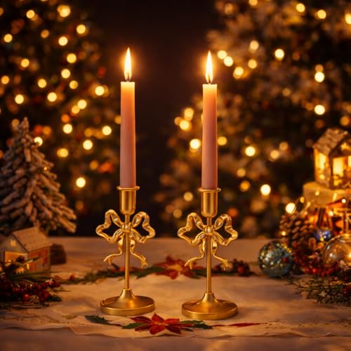 Gold Bow Tie Candle Holders, Vintage Brass Candlestick Holders for Pillar Candles, Halloween & Christmas Table Decor, Gothic Centerpiece for Dining Table, Housewarming Gifts