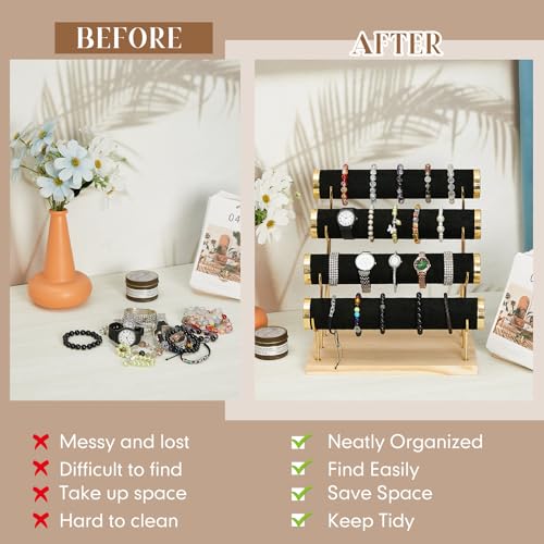 Wenqik 4 Tier Detachable Bracelet Holder Bracelet Display Stand Beige Velvet Jewelry Organizer Displays for Bangles Necklace Watches Scrunchies Hair Ties (Black) - color: Black, size: 13 x 11 x 8.3 Inch