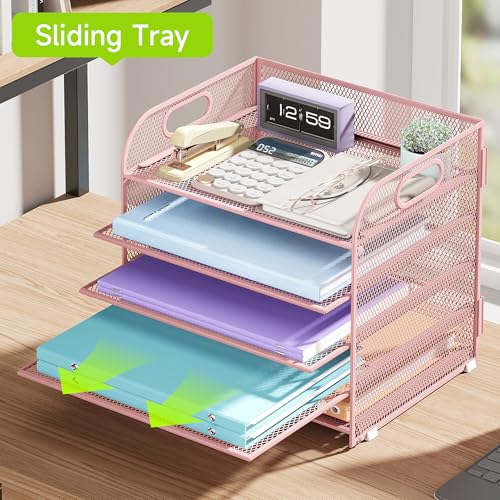 Cawukege 5 Tier Paper Organizer with Handle, Pink Metal Mesh Desk Organizer File Folder Paper Letter Tray Desktop Document Sorter for Classroom, School, Office Accessories Organization and Storage - color: Pink