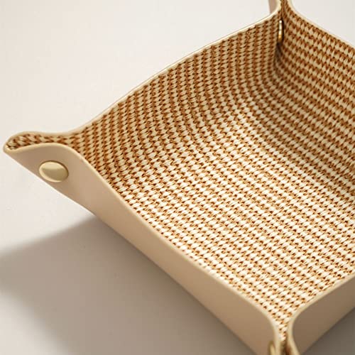 OLETHA Small Foldable Valet Tray - Aesthetic Desk Organizer for Home, Office & Travel - Portable Catch All Bowl for Keys, Scrunchie & Jewelry - Rattan Textured, Beige - color: Rattan Textured, Beige