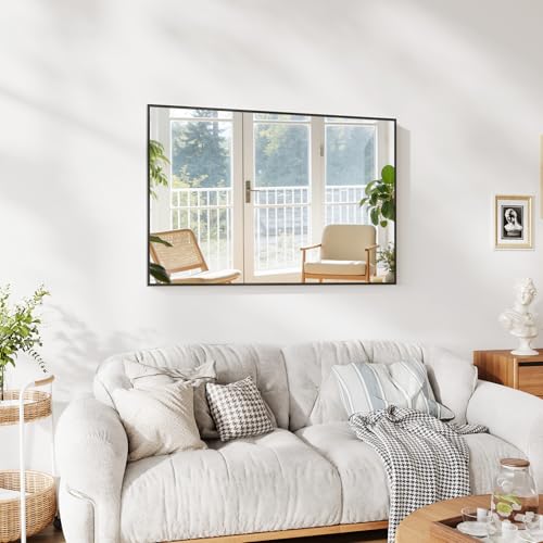 Koonmi Bathroom Mirror for Wall, 24"x36" Black Bathroom Mirror for Over Sink, Shatterproof Tempered Glass Vanity Mirror with Anti-Rust Aluminum Alloy Frame, Hang Horizontally or Vertically - color: Square Edged, size: 36"L x 24"W