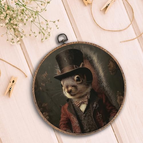 Hxlac Victorian Squirrel Round Wall Art Framed, Vintage Victorian Style Animal Round Wall Decor, Autumn Squirrel Hanging Canvas Prints Wall Sculptures for Farmhouse Home Room Decor, 10x10 Inch - color: squirrel victorian