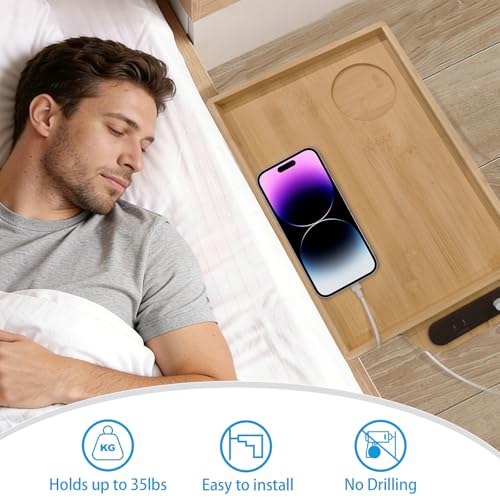 Bedside Shelf Foldable, Bunk Bed Side Table Tray for Top Bunk with USB A&C Charging Ports and Outlet, College Dorm Room Essentials, Clip on Nightstand for Loft Bed Accessories, Bamboo